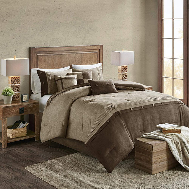 Madison Park Boone Comforter Set - Rustic Cabin Lodge Faux Suede Design, All Season Down Alternative Cozy Bedding with Matching Bedskirt, Shams, Decorative Pillow, Brown Queen(90"x90") 7 Piece