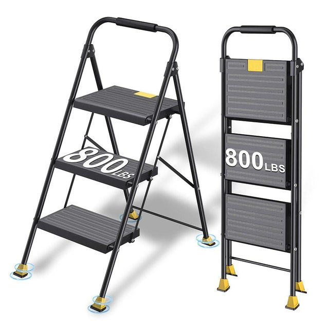 Foldable Step Ladder Folding Stool - 800Lbs Heavy Duty with Handrails for Home Adults Kitchen 3 Stepping Extension Tall - Indoor House Closet Stepstool Stair Ladders Extendable Stepladder