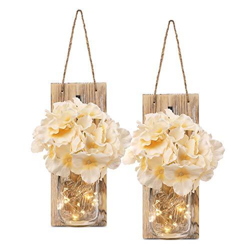 HOMKO Decorative Mason Jar Decorations with 6-Hour Timer LED Fairy Lights and Flowers - Rustic Home Decor (Set of 2)