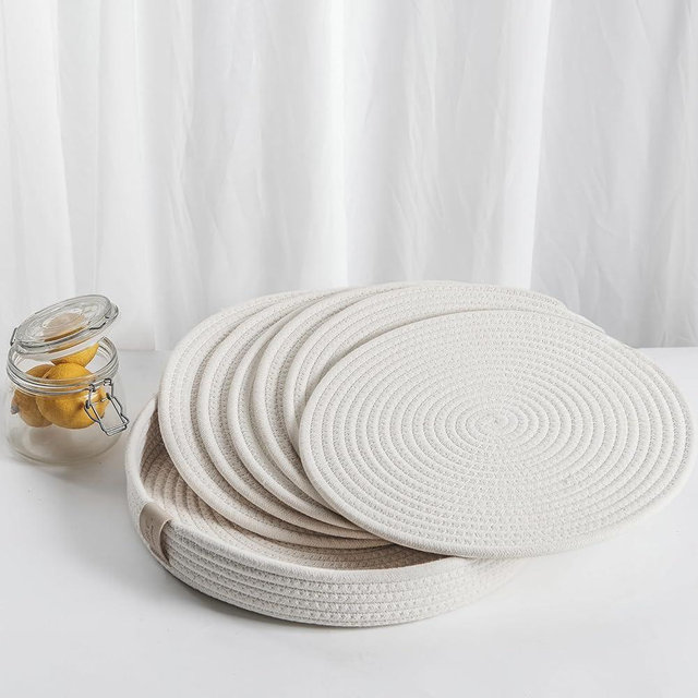 Art PineCone's Woven Cotton Rope Round Placemats Set of 4 with Holder Included, Non-Slip, and Heat Resistant Shabby Chic Placemats (Off White, 13 inch, 6 PC)