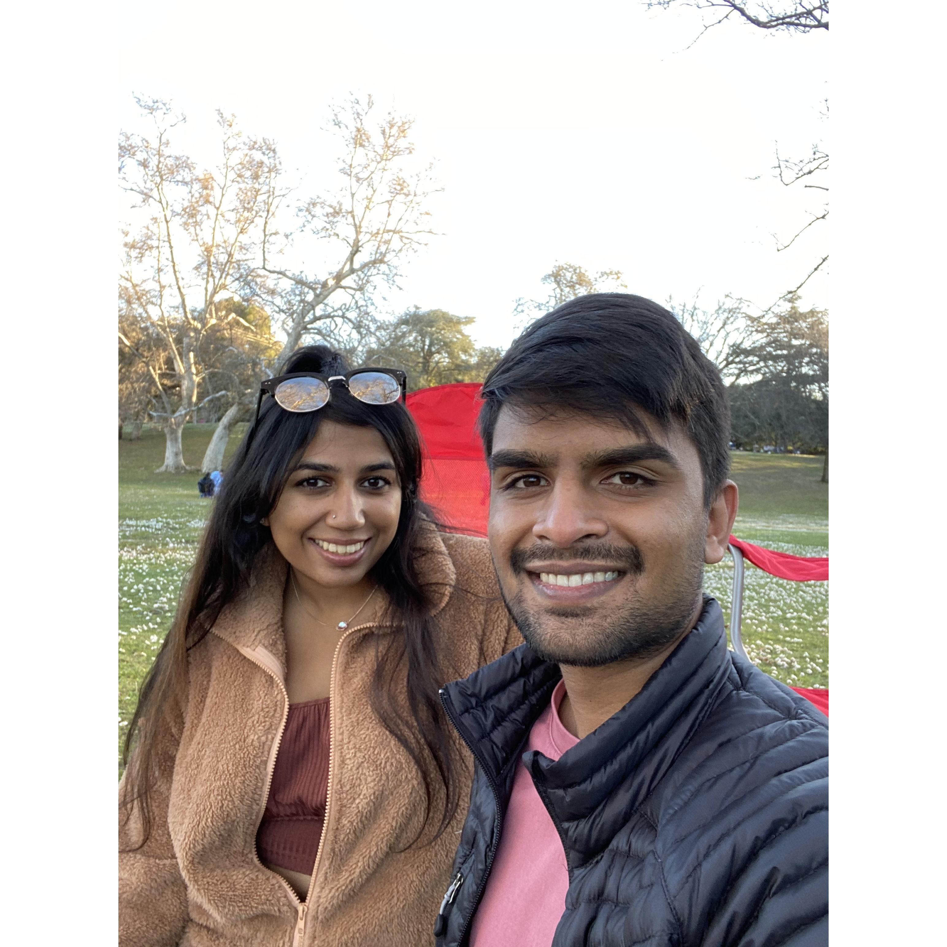 Chilling at Lake Elizabeth, our favorite COVID date destination.