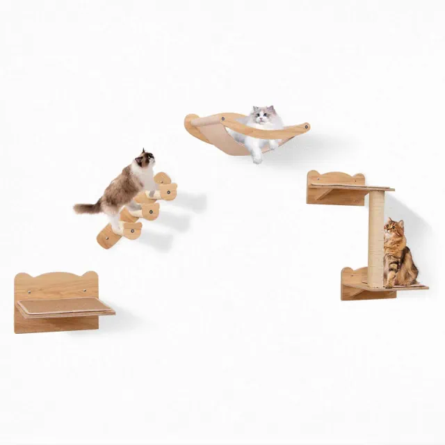 Costway Cat Wall Shelves 4-Piece Wall Mounted Cat Playground w/ 2-step Cat Tree Wooden Cat Climber Furniture Set