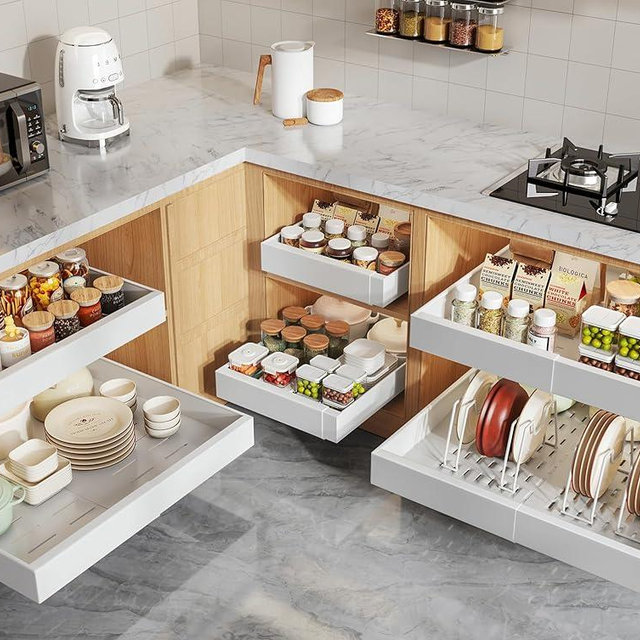 Seinloes 6 Pack Pull Out Cabinet Organizers 21" Deep With Raising Pad for Framed Cabinets, Expandable Slide Out Drawers with 4pcs Divider Racks, Roll Out Shelves, Adjustable Width 12"-20.45" White