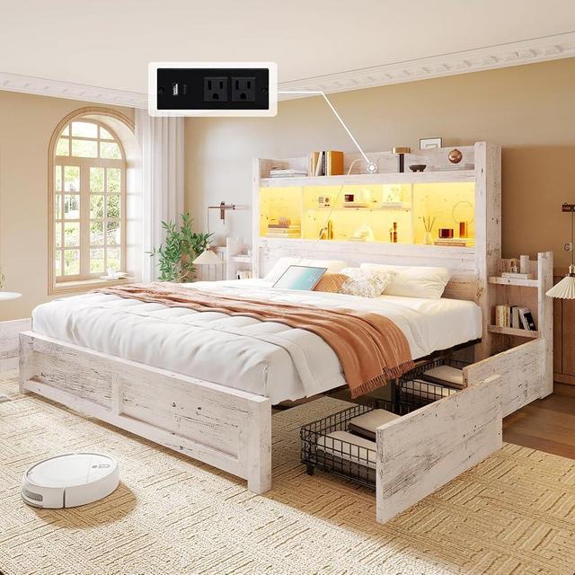 LUXOAK King Bed Frame with 49.6" Bookcase Headboard & 2 Bedside Stoage Racks & 4 Drawers, Farmhouse Wood Bed Frame with RGB LED & Charging Station, No Box Spring Needed, Distressed White