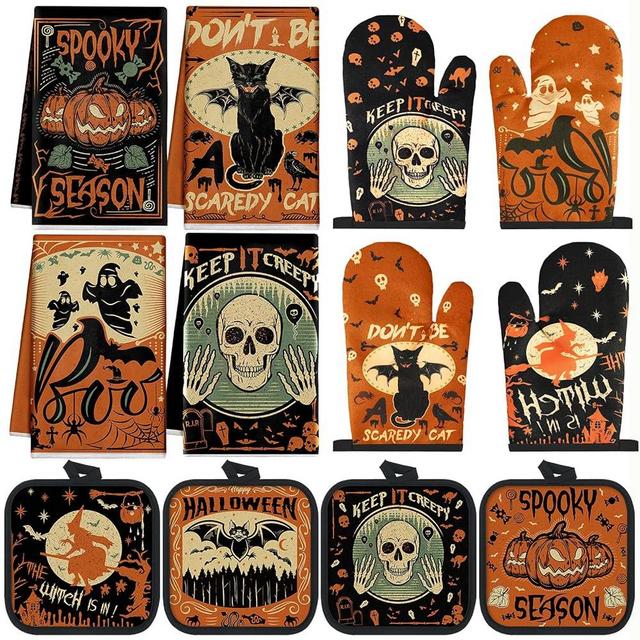 SiliFine 12 Pcs Halloween Kitchen Towels Pot Holders and Oven Mitts Set 4 Ghost Dish Towels 4 Gothic Witchy Oven Mitts 4 Spooky Pumpkin Pot Holders for Halloween Home Cooking Dish Baking Decorative