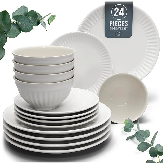 Stoneware Dinnerware Set for 8 People HYGGE 24-Piece - Elegant Scandi Design - Premium Dish Set - Bowl and Plate Set - Tableware for 8 People in a Ribbed Design - Pure Living in White