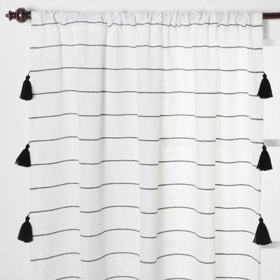 84"x54" Contrast Stripe Light Filtering Curtain Panels with Tassel Black/White - Opalhouse™
