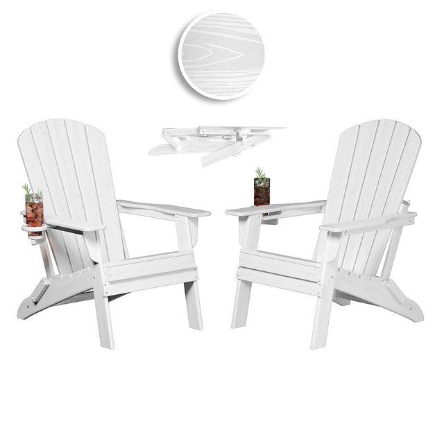Plawdlik Folding Adirondack Chair, SGS Tested, Wooden Textured with Cup Holder, Heavy All-Weather HDPE Comfortable Set Poolside Backyard Lawn White Set 2