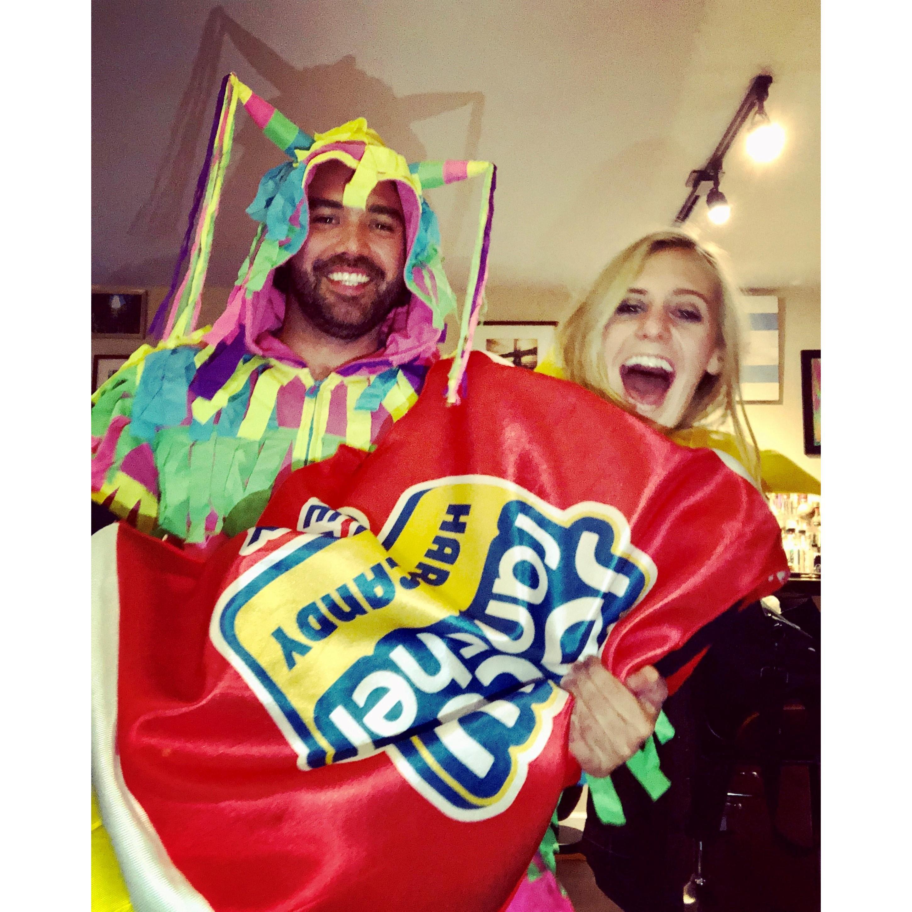 This past year was a bit more festive. Piñatas are supposed to carry candy around, and that’s precisely what Lauren made Franco do.