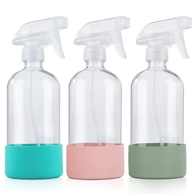 HOMBYS Empty Clear Glass Spray Bottles with Silicone Sleeve Protection - Refillable 17 oz Containers for Cleaning Solutions, Essential Oils, Misting Plants - Quality Sprayer - 3 Pack