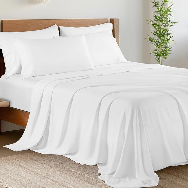 Shilucheng 6 Piece Full Sheet Sets, Cooling Sheets, Blend Rayon Derived from Bamboo, Deep Pocket Up to 16", Breathable & Soft Bed Sheets, Hotel Silky Bedding Set, White