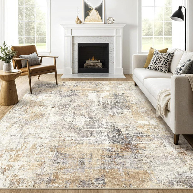 9x12 Area Rug Living Room Rugs: Large Soft Machine Washable Abstract Modern Stain Resistant Indoor Floor Low Pile Accent Carpet Under King Queen Bed for Bedroom Nursery Office Playroom- Grey Gold