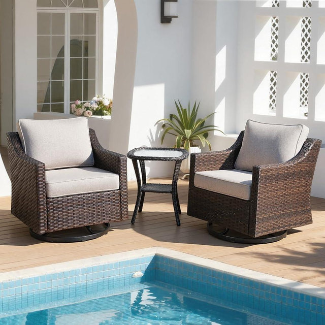 AOUKI Patio Furniture Set 3 Pieces Luxury Outdoor Bistro with Swivel Rocker Chairs and Side Table, Easy Assembly Conversation Set for Porch Deck Balcony Yard in Brown Wicker and Beige Cushions