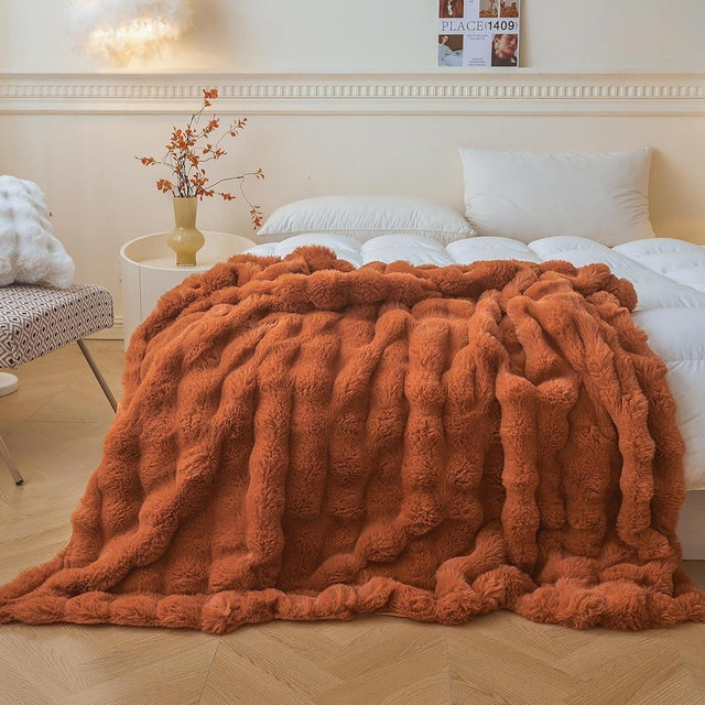 LIFEREVO Fluffy Faux Rabbit Fur Bubble Blanket, Plush Shaggy Waffle Throw for Couch Sofa, Cozy Comfy Furry Bed Blanket Adults Kids Teens Girls, Fuzzy Throw for Bedroom Living Room, 60x90, Burnt Orange