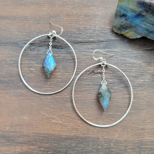 Labradorite Gemstone Hoop Earrings. Handmade Gifts for her. Gold Filled or Sterling Silver