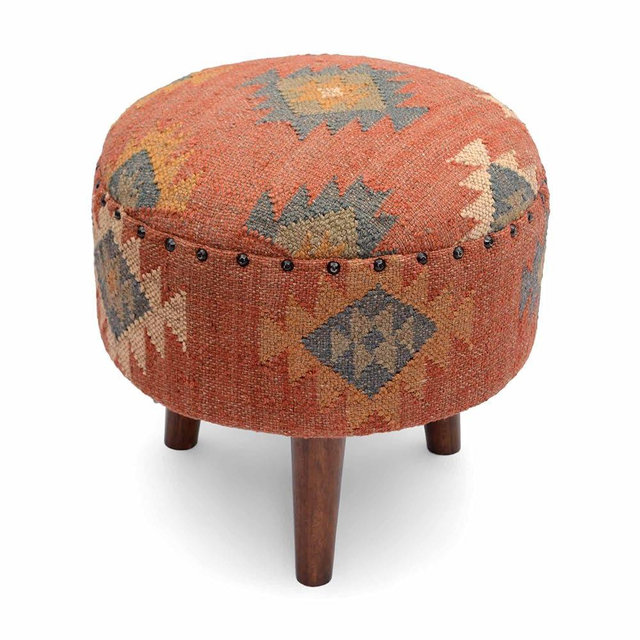 NATURAL FURNISH Handmade Kilim Jute Pouf Ottomans Wooden Seating Stool for Living Room, Bedroom (16" D x 16" W x 16" H) (Red)