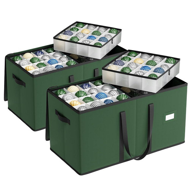 SONGMICS Christmas Ornament Storage Boxes, Set of 2, Dual Zippers, Stackable Christmas Storage Containers with Lid, 16 Trays, 600D Oxford, 3-Inch 256 Slots, Forest Green URFB043C01