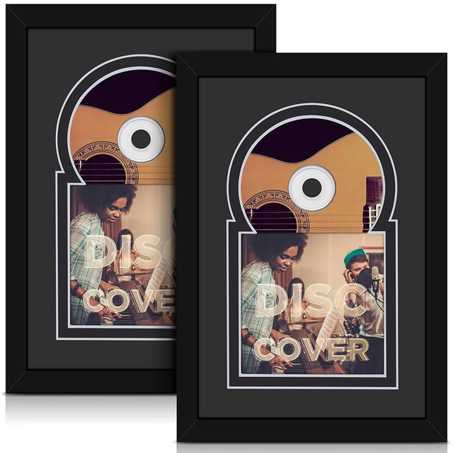 Qunclay 2 Pcs Cd Display Frame with Mats 12" x 8" Display Disc and Cd Box Double Groove Signed Frame Made of Solid Wood for Self Standing with Wall Hanger Home Decor for Music Enthusiast (Black)