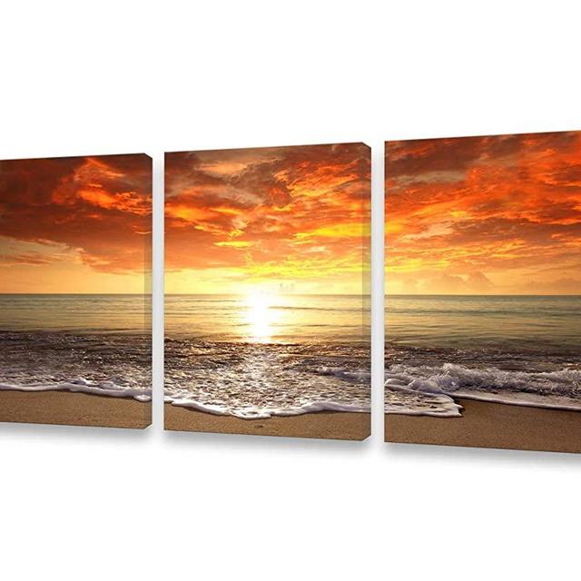 S0134 Canvas Prints Wall Art Sunset Ocean Beach Pictures Photo Paintings for Kids RoomLiving Room Bedroom Home Decorations Stretched and Framed Seascape Waves Landscape Giclee Artwork