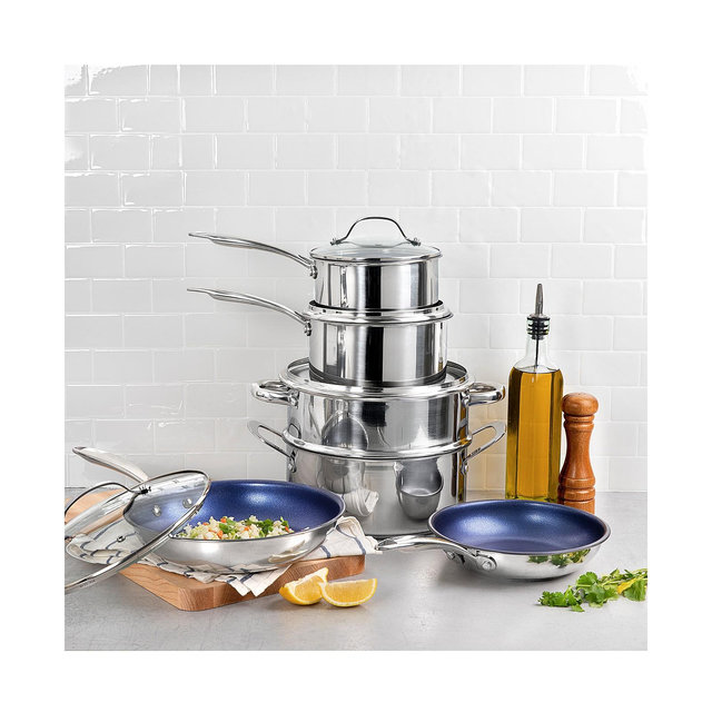Granite Stone Diamond 10-Pc. Blue Stainless Steel Nonstick Cookware Set with Diamond-Infused Coating