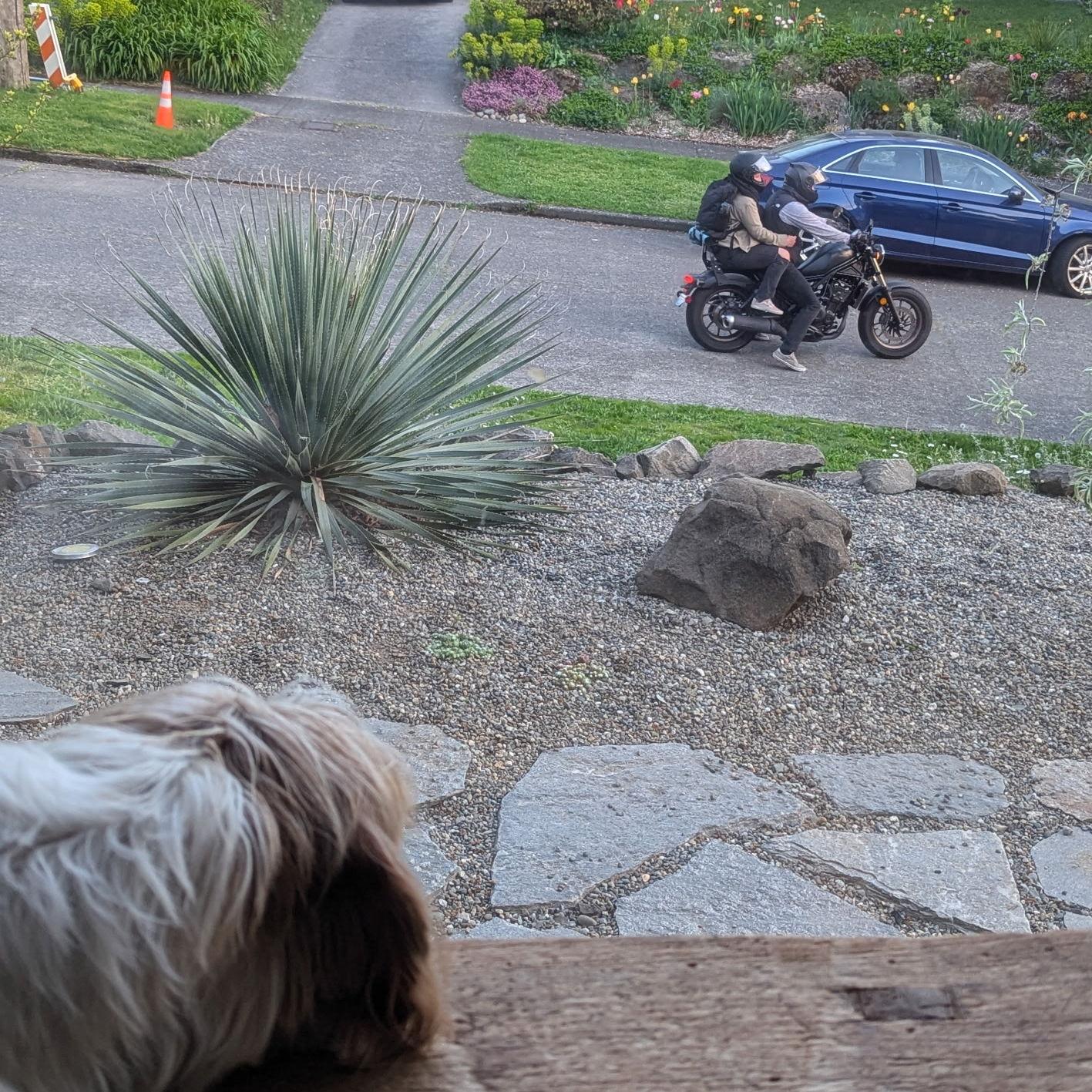 The first time Nathalie road on Michael's motorcyle - heading to Golden Gardens to watch the sunset.