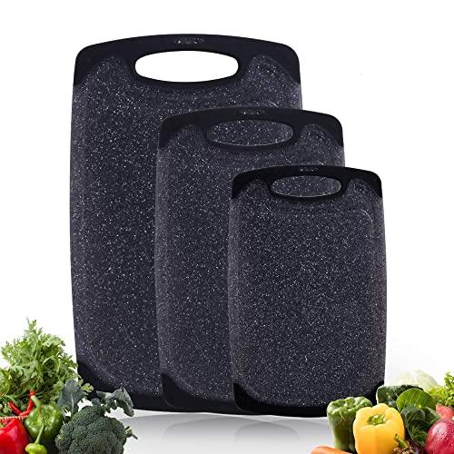 Plastic Cutting Board for Kitchen,Haomacro Cutting Board BPA Free Non Slip Juice Grooves Dishwasher Safe Non Porous Set of 3 Chopping Boards Easy Grip Handle Easy To Clean Black