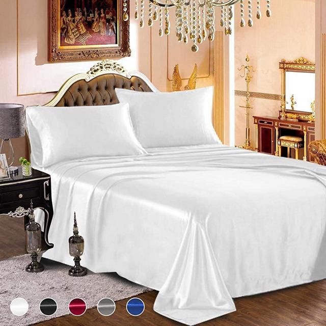 wavveUziz Satin Sheets Queen Size White Satin Bed Sheet Set 16" Deep Pocket Silky Satin Sheet Set with 1 Fitted Sheet, 1 Flat Sheet and 2 Pillow Cases- Wrinkle, Fade, Stain Resistant- 4 Piece