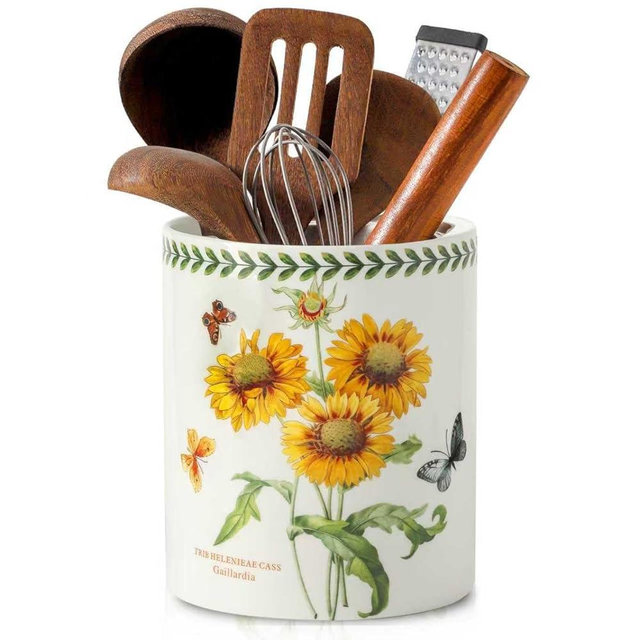 Howise 7" Flower Utensil Holder, Large Kitchen Utensil Holder Organizer , White Stable Utensil Crock Spatula Holder for Kitchen Counter Countertop Farmhouse Cooking Tools Holder(Sunflower)