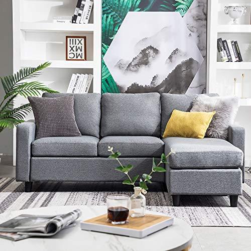 HONBAY Convertible Sectional Sofa Couch Modern Linen Fabric L-Shape Couch for Small Space Grey (Grey)