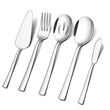 5-Piece Serving Utensils, E-far Stainless Steel Square Edge Hostess Serving Set for Buffet Party Kitchen Restaurant, Mirror Finished & Dishwasher Safe