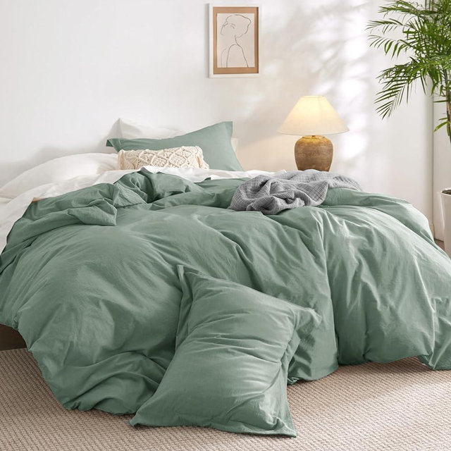 Bedsure 100% Washed Cotton Duvet Cover King Size - Sage Green Minimalist Cotton Duvet Cover Linen Like - 3 Pieces Plain Simple Cotton Duvet Cover Set with 2 Pillow Shams (Sage Green, King, 104"x90")