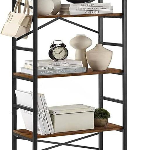 Luckyeestar 5 Tier Bookshelf, Metal Book Shelf, Bookcase Shelf Storage Organizer with 4 S-Hooks, Modern Bookshelf for Living Room, Bedroom, and Home Office