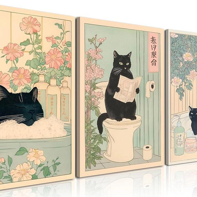Funny Bathroom Wall Art Set of 3, Japanese Cute Black Cat Wall Decor Paintings, Rustic Animal Pictures Canvas Prints Home Decor for Bathroom Toilet, 16x24 inch Framed