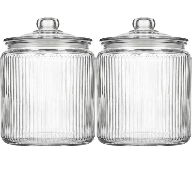 kitchentoolz 1 Gallon Ribbed Glass Cookie Jar - Large Food Storage Container with Airtight Lid - Keep Fresh Flour, Chewy Pet Treats, Candy, Dried Foods - Pack of 2