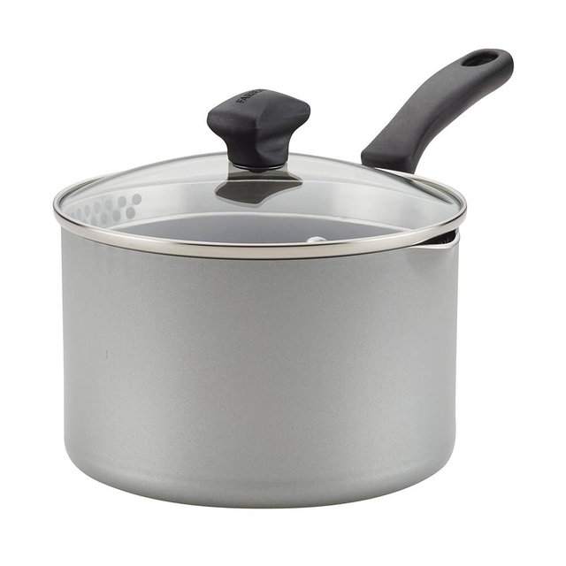 Farberware Cookstart DiamondMax Nonstick Straining Saucepan, Dishwasher Safe, 3 Quart, Silver