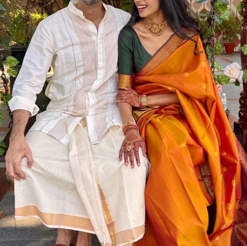 Traditional wedding guest attire - Button up + veshti for men, silk saree for women