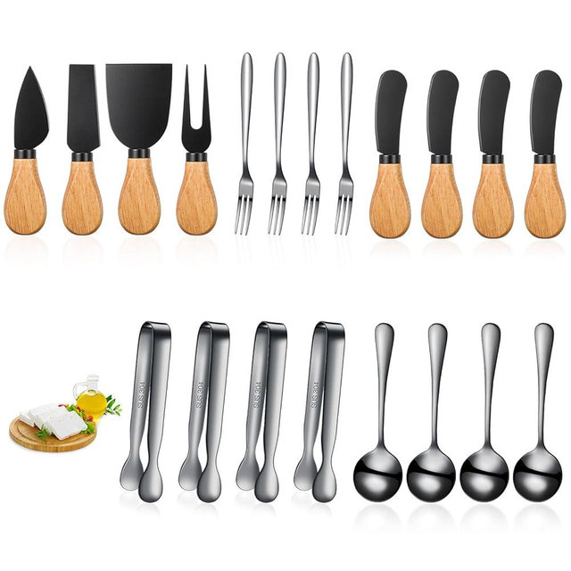 20 Pieces Charcuterie Board Accessories Spreader Knife Set Cheese Butter Spreader Knife Charcuterie Utensils with Wooden Handles Mini Serving Tongs Spoons Forks for party Wedding Christmas (Black)