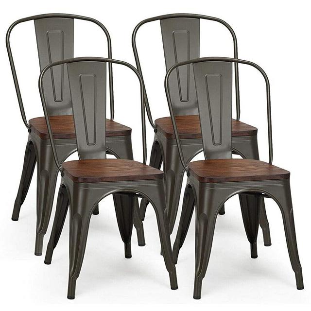 COSTWAY Tolix Style Dining Chairs Industrial Metal Stackable Cafe Side Chair w/Wood Seat Set of 4 (Gun)