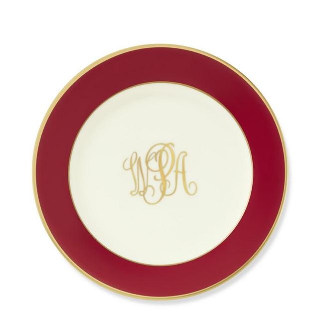 Pickard Color Sheen Salad Plate, Red Gold Monogrammed