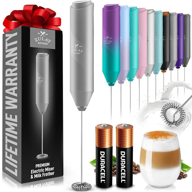 Zulay Kitchen Duracell Powered Milk Frother Handheld Foam Maker - Whisk Drink Mixer for Coffee, Latte, Matcha, Cappuccino - Mini Foamer by Milk Boss - Batteries Included - Gray