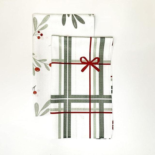 Trig Kitchen Towel. Tea Towel. Dish Cloth. Quick Dry Waffle Weave Microfiber. Highly Absorbent. Designer Prints. Modern. 2 Pack. Holly/Plaid