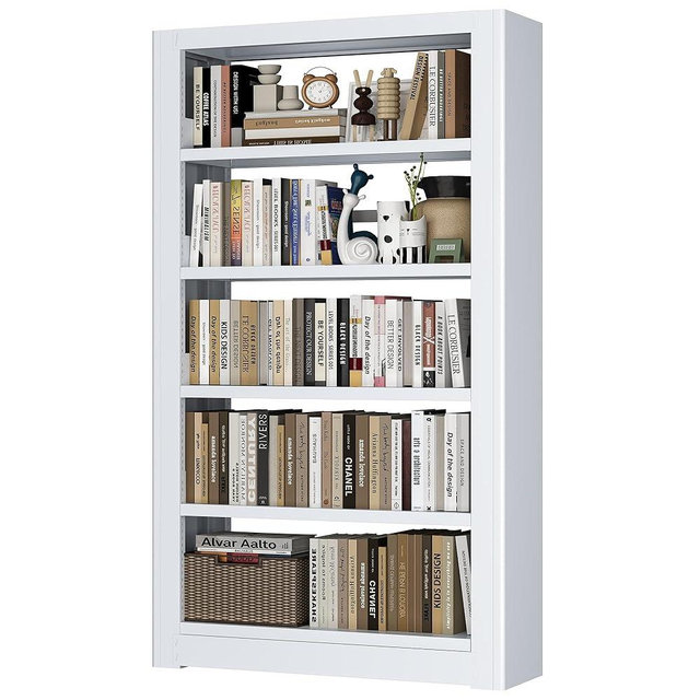 LyAosdFu Heavy Duty Metal Bookshelf, 5 Shelf Adjustable Bookcase, 69’’ Tall Modern Bookshelves, Open Book Shelf Organizer, Large Sturdy Book Case for Living Room, Library, Office, White Book Shelf