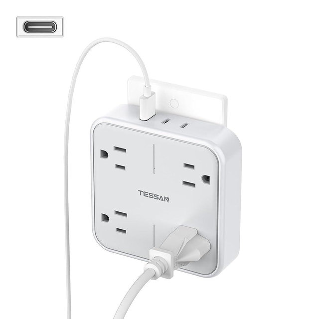 Multi Plug Outlet Extender, TESSAN 4 Outlet Splitter 3 USB Wall Charging Ports (2 USB C), Wide Spaced Multiple Expander Surge Protector for Office, Home, College Dorm Room