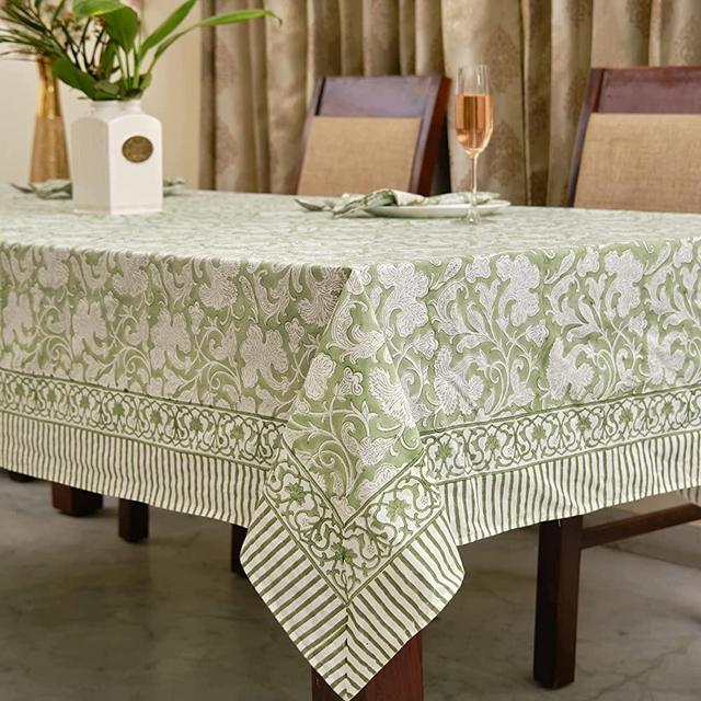 Ridhi - Sage Green and Off White Table Cloth, Hand Block Print Table Cloth, Block Print Cotton Table Cover, Dinning Table Cover, Thanks Giving Table (60x90 inches)