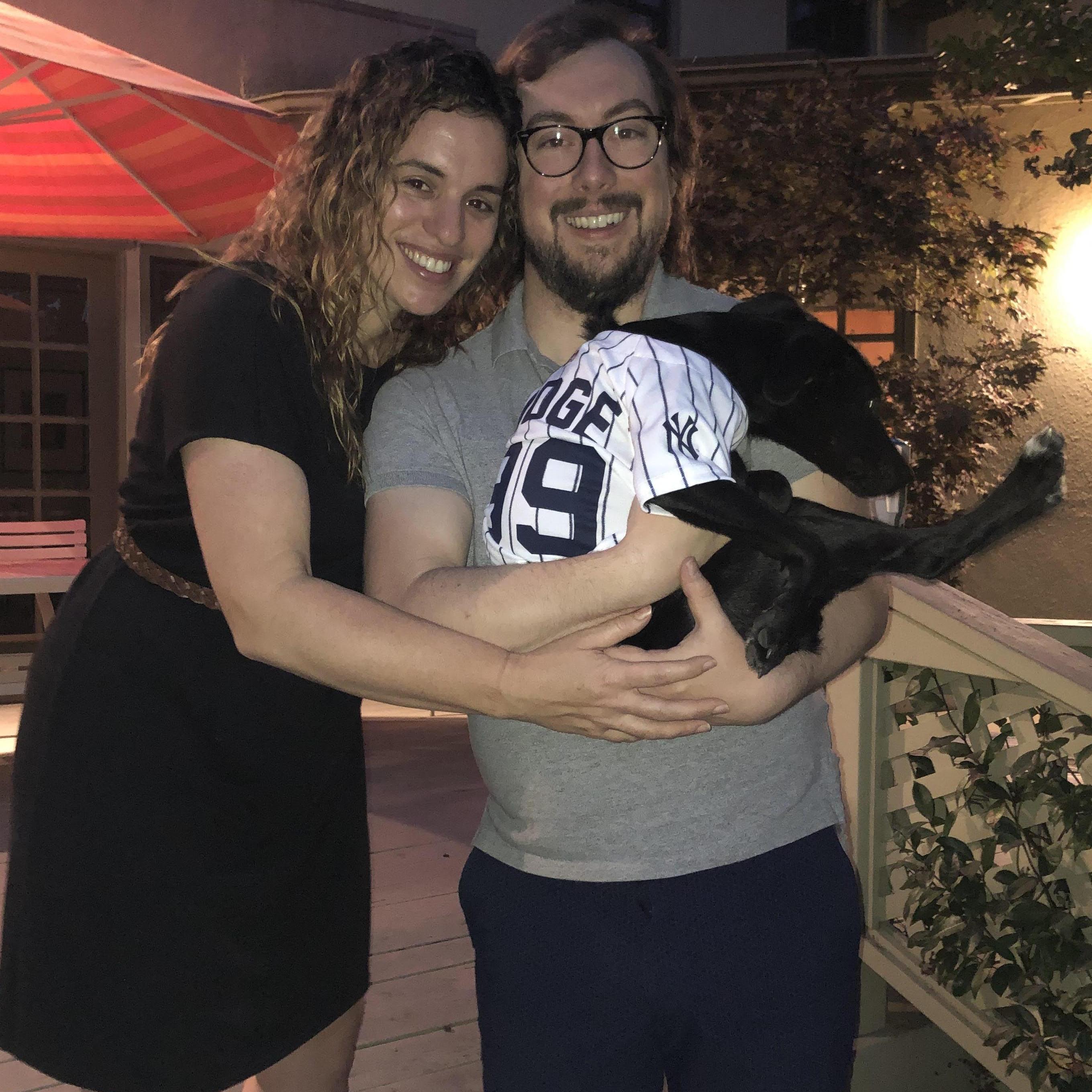 Celebrating Elliot's birthday in Palo Alto with our new puppy, Ethel, all decked out in her Yankees gear (thanks Jen & Hal)!