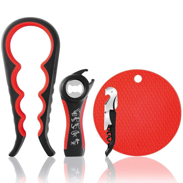 Bloss Anti-skid Jar Opener Can Opener Kitchen Grippers,4 in 1 Multi Function Bottle Opener Lid Opener for Seniors with Arthritis, Caps and Bottles Kitchen Gadgets For Small Hands or Seniors,Black Red
