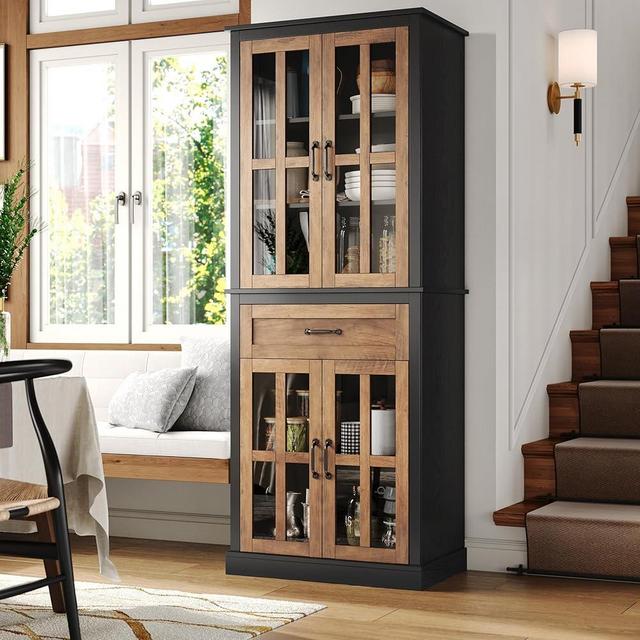 FOTOSOK 71'' Kitchen Pantry Cabinet, Tall Kitchen Cabinet Pantry Cabinet with Glass Doors and Drawer, Freestanding Food Pantry Kitchen Hunch with Adjustable Shelves for Dining Living Room, Natural