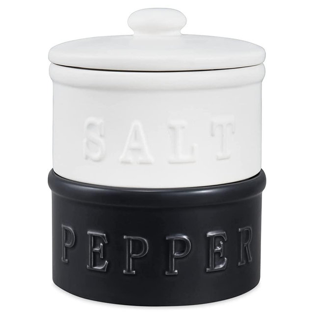 enkiware Salt and Pepper Bowls with Lid, Set of 2 - Stackable Rustic Farmhouse Decor for Your Kitchen - Containers and Boho Tabletop Accessories for Home - Ceramic Seasoning Holder for the Counter