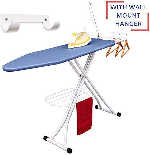 Xabitat Deluxe Ironing Board with Wall Mount Storage, Storage Tray for Finished Clothes, Wire Rack for Hanging Shirts and Pants, Safety Iron Rest, Home Laundry Room or Dorm Use - Blue