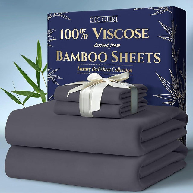 DECOLURE 100% Viscose Derived from Bamboo Sheets Cal King Size 4pcs - Ultra Soft & Luxuriously Cooling, 17" Deep Pocket, Double Stitching, Perfect for Hot Sleepers - King Bed Sheets (Grey)